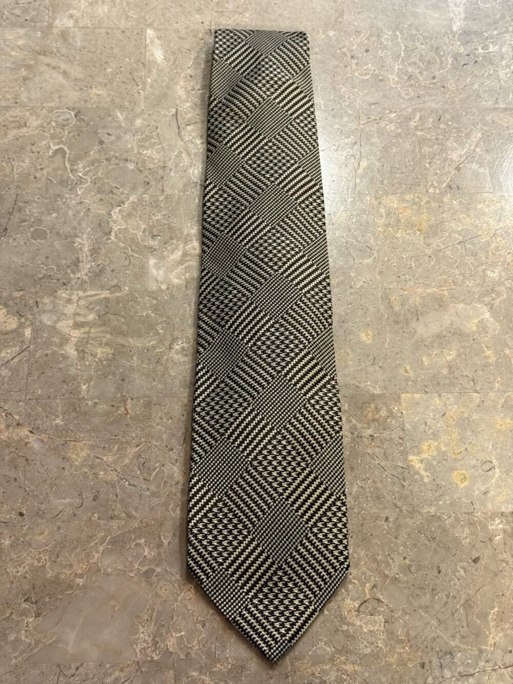 Faconnable Mens Tie Silk Brown Tan Houndstooth Patchwork Geometric France Luxury